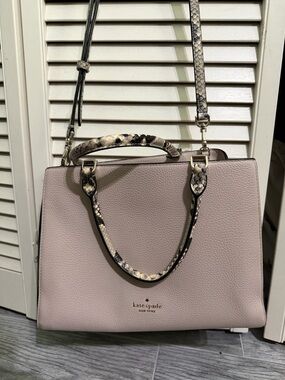 kate spade Blush Pink Pebbled Leather Satchel with Snakeskin-Print Trim